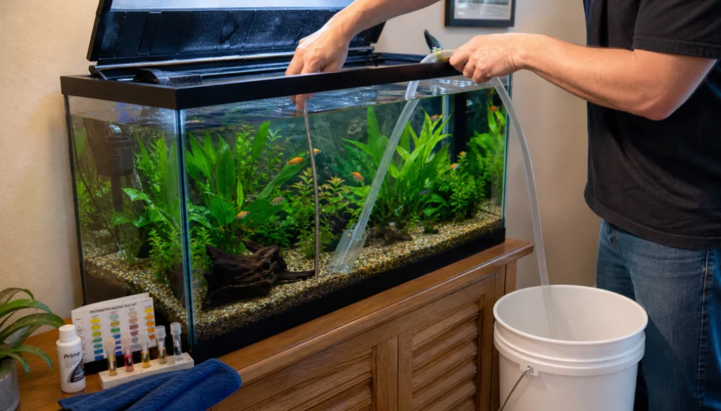 Weekly-aquarium-maintenance-routine-for-a-healthy-tank-1024x576-1024x585 صيانة أحواض المياه العذبة والمزروعة والبرك — زيارة أو أكثر - الصورة 1